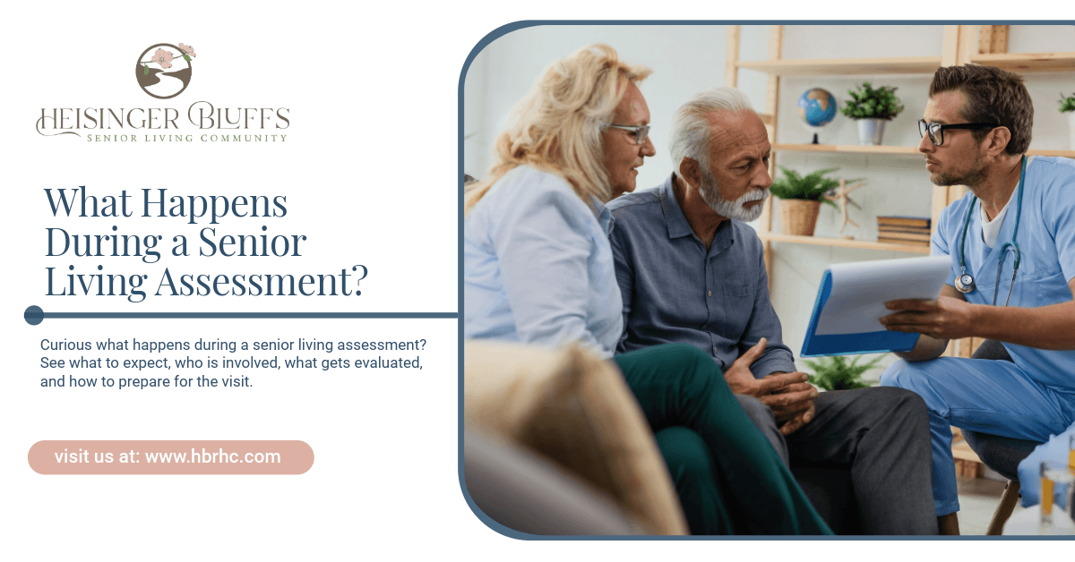 A senior living staff member is talking to an elderly couple during senior living assessment